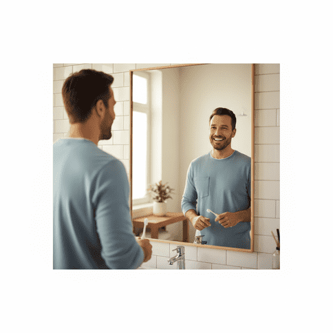 Man brushing his teeth while smiling in the mirror.